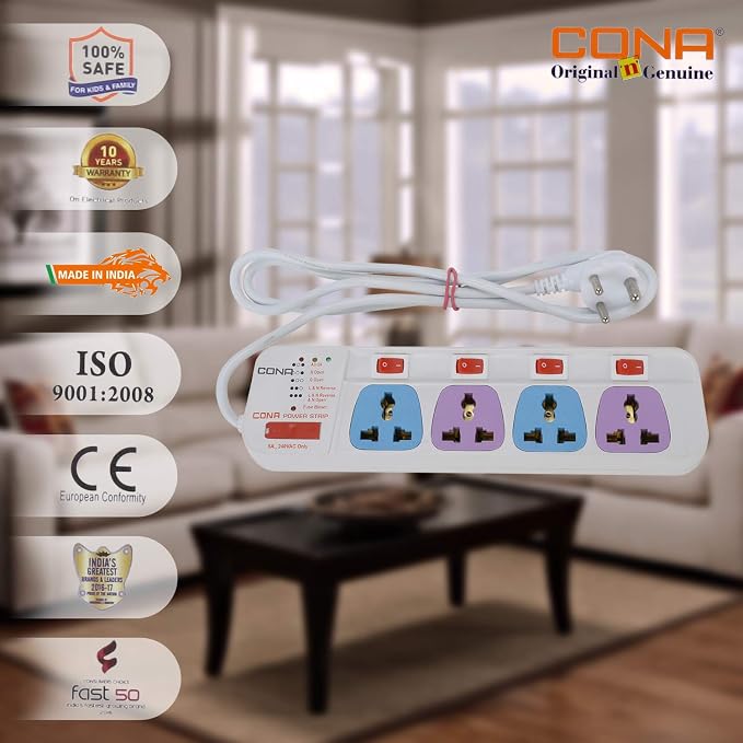 CONA 2641 COLOUR 6A 4x4 Power Strip with 1.5 meter cable and Power Indicator