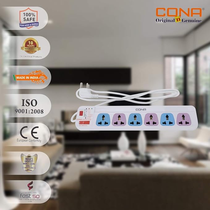 CONA 2731 COLOUR 6A 6x1 Power Strip with 1.5 meter cable and Power Indicator