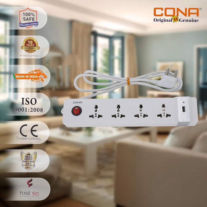 CONA 4286 6A 4x1 USB Power Strip with 1.5 meter cable and Power Indicator