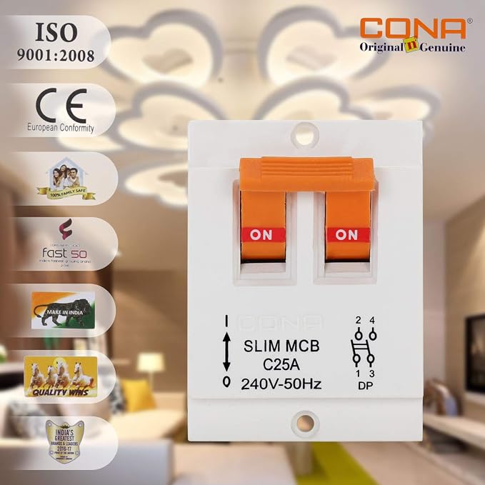 CONA 10006 Trip Rite Series Slim Type "C" 25 Ampere Plastic Double Pole MCB Switch